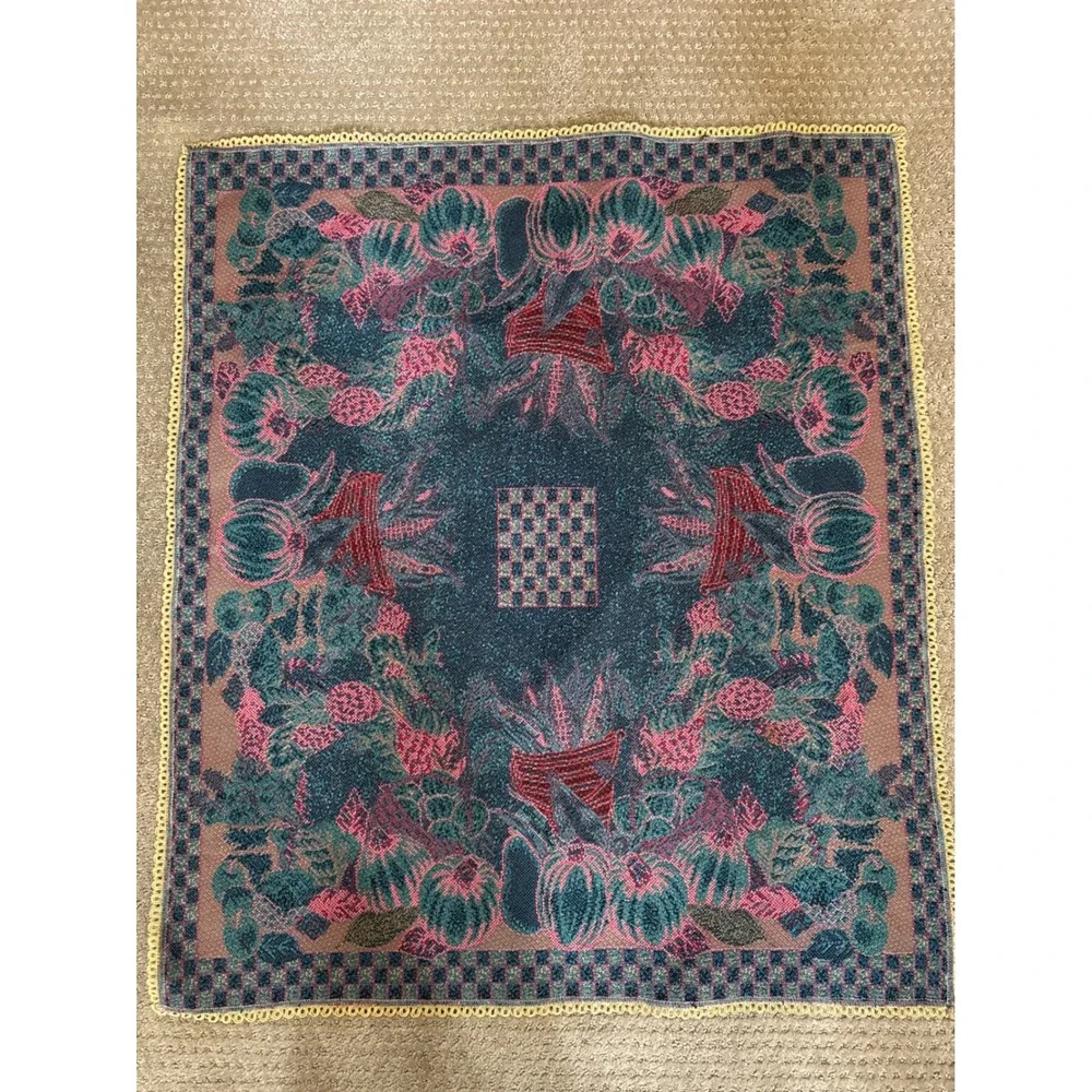 Vintage Woven Harvest Tapestry Table Runner Fruit Cornucopia Lace Trim 31x36